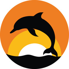 Silhouette of a dolphin jumping over waves at sunset isolated on white background isolated on transparent background