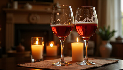 Wine glasses reflecting candle flames in cozy modern room  