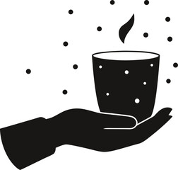 Silhouette of a hand holding a cup with a flame and dots isolated on white background isolated on transparent background