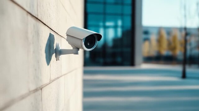 Outdoor security camera mounted on building exterior wall