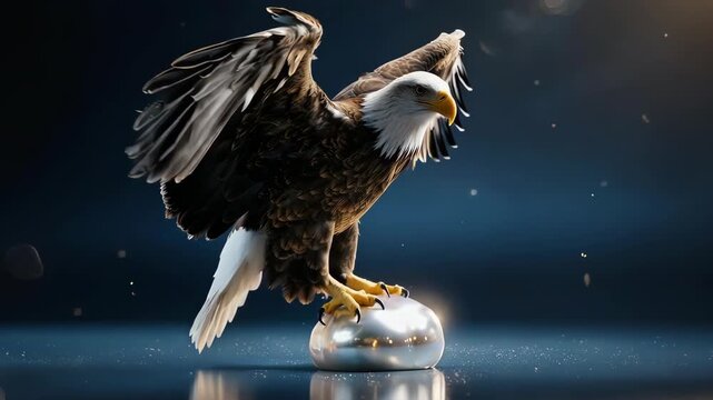 Majestic eagle perched atop silver sphere, 
