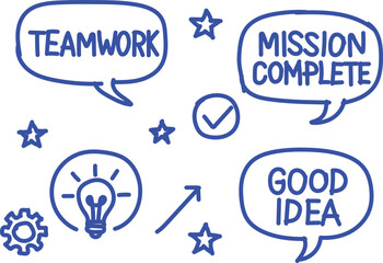 Hand drawn doodle icons representing teamwork mission accomplished good idea and innovation with stars and a checkmark