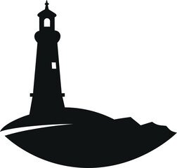 Lighthouse silhouette on a rocky island isolated on white background isolated on transparent background