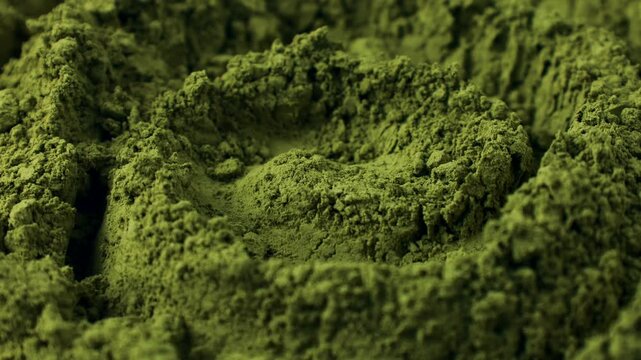 Matcha green tea powder circle rotation top view. Moringa, Spirulina, chlorella superfoods