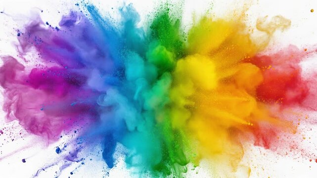 レインボーの色彩がカラフルに弾けインクと煙が混ざり合う幻想的な爆発表現