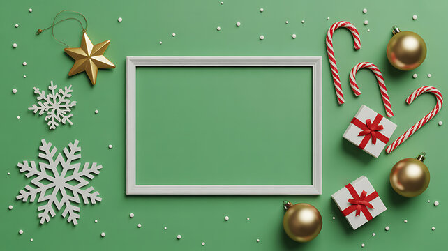 Festive christmas frame with ornaments and candy canes on green background