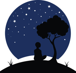 Silhouette of a person sitting under a tree looking at the starry night sky isolated on white background isolated on transparent background