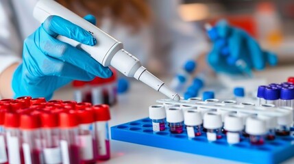 Scientist using auto pipette with eppendorf tubes in lab to analyze experimental results