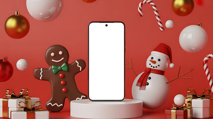 Festive smartphone mockup with christmas decorations on a red background