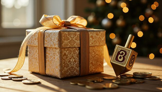Hanukkah gift box near spinning dreidel and gelt coins in modern style   - Powered by Adobe