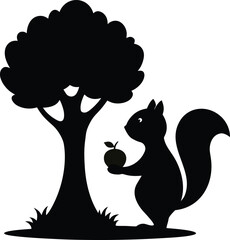 Squirrel holding an apple next to a tree silhouette isolated on white background isolated on transparent background