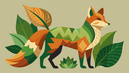 Obraz premium Nature-inspired organic-curve fox among leaves in flat-vector style