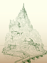 Fototapeta premium A castle nestled among vegetation on a rocky island in the middle of a river. Hand-drawn vector illustration in beige and yellow tones. For your prints.