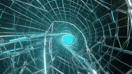 Abstract neon wireframe tunnel with glowing blue light - Powered by Adobe