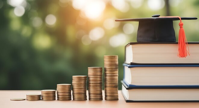 Photo of stack of coins increasing in height next to books and a graduation cap, symbolizing education costs and investment in knowledge