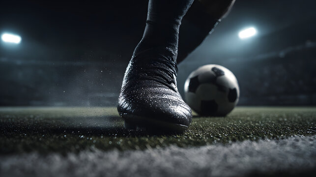 Action in the Arena: A footballer's foot poised to strike the ball during a nighttime game, under the bright stadium lights, with a strong focus on action and the intensity of the sport. - Powered by Adobe