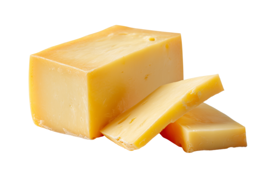 A large block of yellow cheese with two slices cut from it isolated on a transparent background food