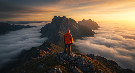 Stunning mountain vista with sea of clouds as hiker soaks in the sunrise glow, find your adventure and explore the world's beauty, inspiring outdoor lifestyle and travel photography