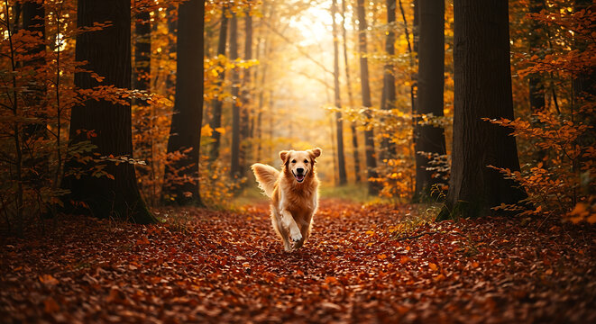 Joyful golden retriever running through a sun-drenched forest in autumn, capturing the essence of playful companionship and outdoor adventures during the vibrant fall season - Powered by Adobe