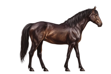 Detailed digital painting of a dark brown horse with a flowing mane and tail isolated on a transparent background