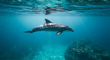 Fototapeta premium Experience the magic of the ocean with a playful dolphin gliding through crystal clear turquoise waters, sunbeams dancing creating a serene, underwater paradise, a symbol of freedom and adventure