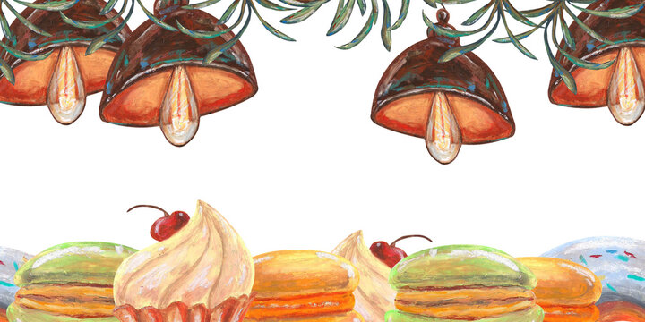 French macaroons, blue donut, cupcake cream, retro electric bulbs, interior plants. Oil pastel drawn template. For interior designs, retro vintage settings, restaurant cafe menu, banners clip arts