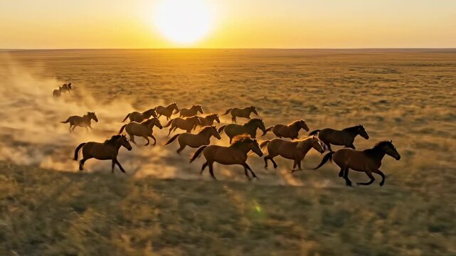 Wild horses galloping across a vast, dusty plain at sunset, creating a dramatic and powerful scene.