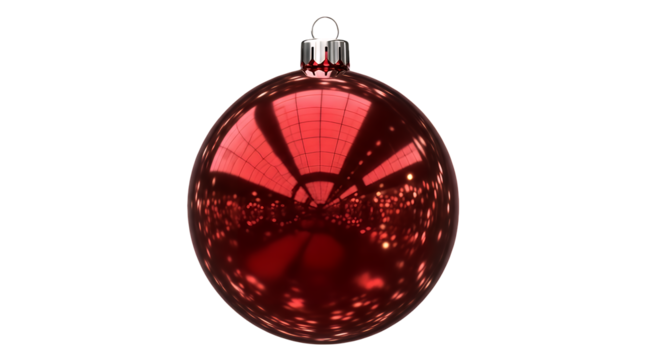 A single shiny red Christmas bauble ornament with a glossy reflective surface isolated on transparent background for festive holiday decoration