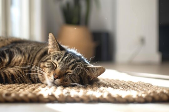 Peaceful tabby cat sleeping on sunlit woven rug in cozy room