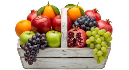 Healthy and vibrant fruit basket filled with a delicious mix of apples, oranges, grapes, and pomegranates  isolated on transparent background