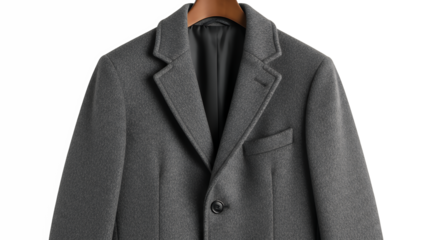 A classic men's tailored grey winter overcoat on a wooden hanger,  isolated on transparent background Formal business outerwear fashion