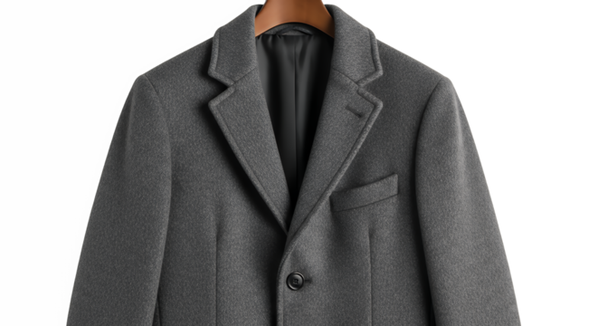 A classic men's tailored grey winter overcoat on a wooden hanger,  isolated on transparent background Formal business outerwear fashion