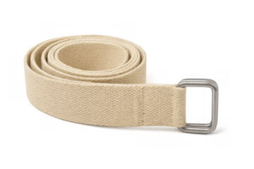 Beige canvas belt with metal buckle coiled on transparent background