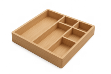 Empty wooden drawer organizer tray with compartments