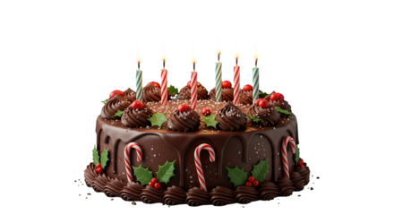 A decadent chocolate birthday cake adorned with festive holiday decorations like candy canes and holly, with lit candles ready for a celebration,  isolated on transparent background