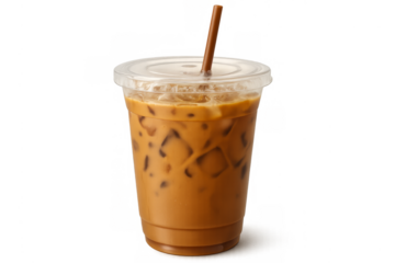 Iced latte drink with ice in plastic cup