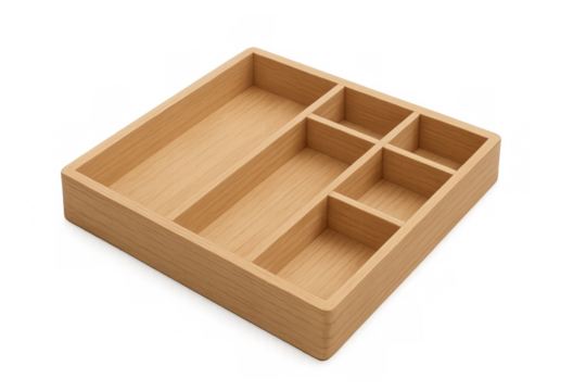 Empty wooden drawer organizer tray with compartments