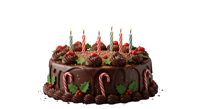 A decadent chocolate birthday cake adorned with festive holiday decorations like candy canes and holly, with lit candles ready for a celebration,  isolated on transparent background