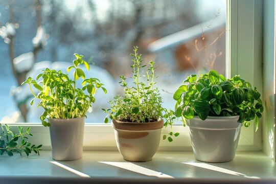 Sunlit indoor herb garden with three potted plants on a window sill