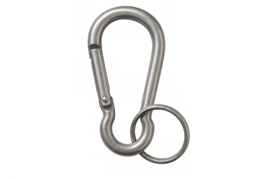 Metal carabiner snap hook with keyring on transparent background