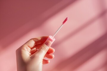 Hand holding pink lip gloss applicator against soft pink background