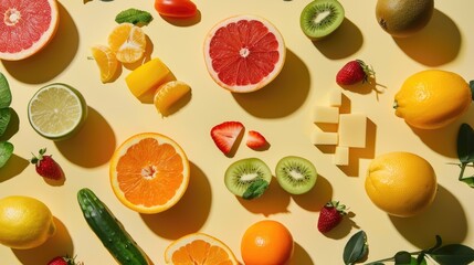 Colorful assortment of fresh citrus and tropical fruits on yellow background
