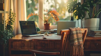 Cozy home office with wooden desk and lush green plants by sunlit window