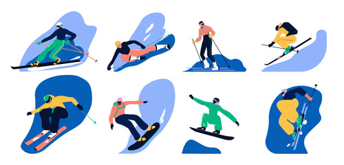 Skiers at ski resort set. People sliding downhill, down slope. Extreme sport, freeride, jumping on snowy winter holiday outside, outdoors. Flat graphic vector illustration isolated on white background