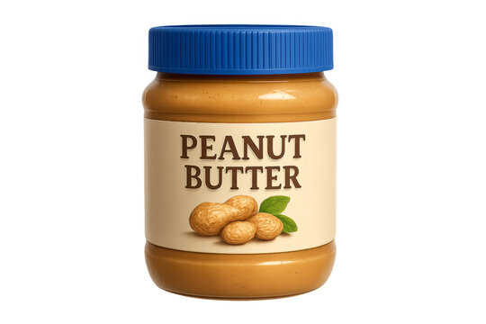 Peanut butter jar with blue lid on transparent background
