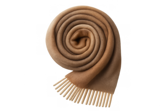 Rolled brown wool scarf with fringe, transparent background