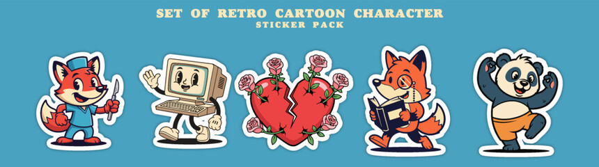 Set of Retro Cartoon Characters Sticker Pack.