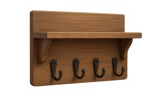 Wooden wall shelf with hooks holding keys