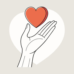 A minimalist illustration of an open hand gently holding a vibrant red heart above it, set against a soft heart-shaped background.