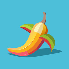 A modern, flat illustration of a partially peeled banana with bold, segmented colors and a distinct shadow against a solid blue backdrop.